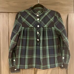 J Crew Fresco Top with Jewel Buttons in Navy/Green Tartan Plaid-Women’s Sm
